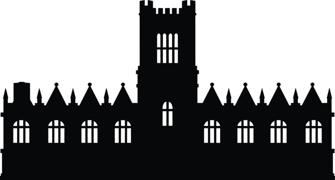 Gothic revival architecture silhouette, historic university building facade with central tower and pointed arched window details