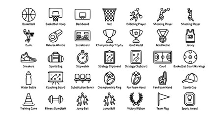 Basketball Sports Thin Line Icon Set Editable Stroke Vector Collection © MDSHAHIN
