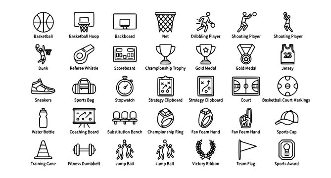 Basketball Sports Thin Line Icon Set Editable Stroke Vector Collection