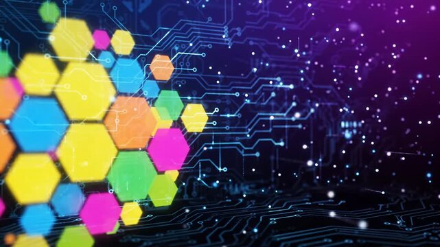 Abstract digital background with colorful glowing hexagons and circuit board patterns