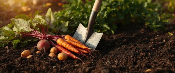 Fototapeta premium Freshly Harvested Root Vegetables with Garden Tool in Rich Soil