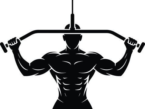Lat pulldown machine exercise silhouette showing a muscular athlete performing a back strength training workout in a fitness gym center