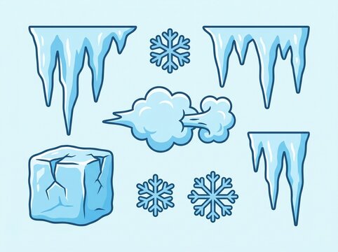 Cartoon illustration of various winter elements including icicles, snowflakes, a block of ice, and a gust of wind on a light blue background.