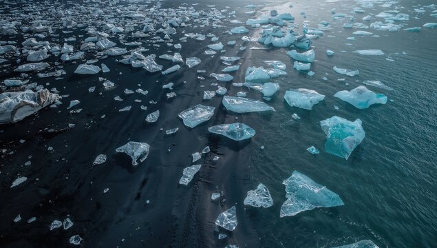 Icebergs Floating on Black Sand Beach with Ocean Waves in Cool Tones