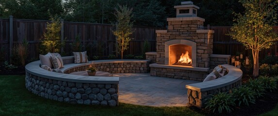 Fototapeta premium Cozy Outdoor Patio with Stone Fireplace and Soft Lighting at Night