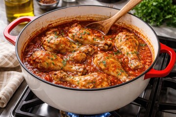 Fototapeta premium Chicken Drumsticks Cooking in Tomato Sauce in a Enamel Pot on a Stove