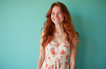 Fototapeta premium Young woman with long wavy red hair wears floral summer dress. Female model smiles brightly at camera posing against blue background. Attractive girl looks happy cheerful, relaxed in light seasonal