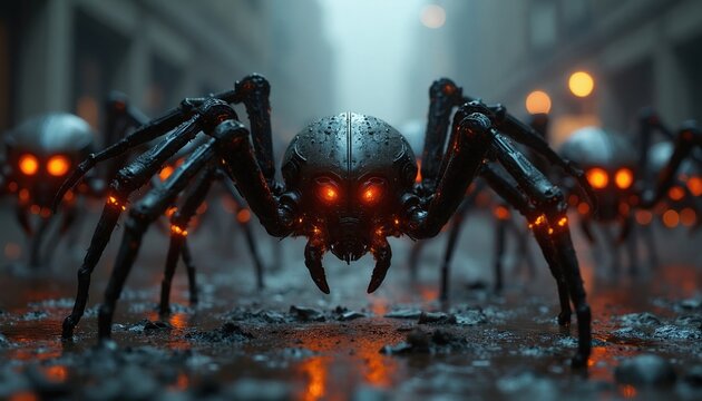 Swarm of mechanical spiders with glowing red eyes walk along dark city street. Creepy metal arachnids advance in industrial urban zone at night. Scary sci fi robots invade world. Artificial