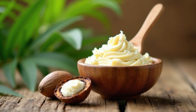 Organic raw shea butter sits in rustic wooden bowl with timber spoon. Whole karite nut rests nearby on aged table. Natural skin care moisturizer product for healthy beauty wellness routine.