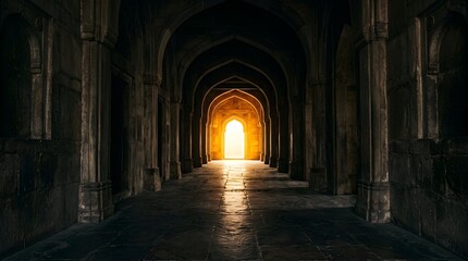 Obraz premium Majestic perspective of a dark stone corridor featuring grand overlapping arches leading towards a brilliant glowing light. Metaphorical background for spiritual awakening and new beginnings.