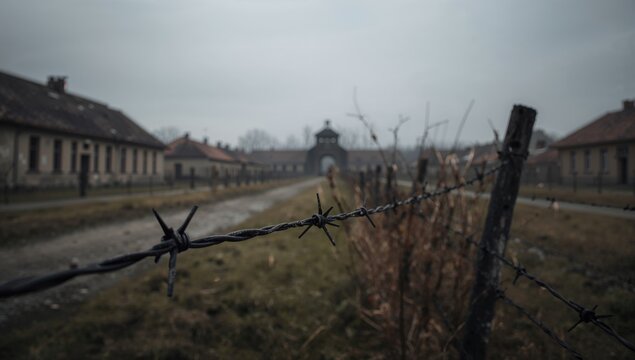 Barbed Wire Fence with Gloomy Barracks at Historical Site in Overcast Weather