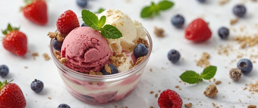 Ice cream sundae with strawberries, blueberries, and mint garnish