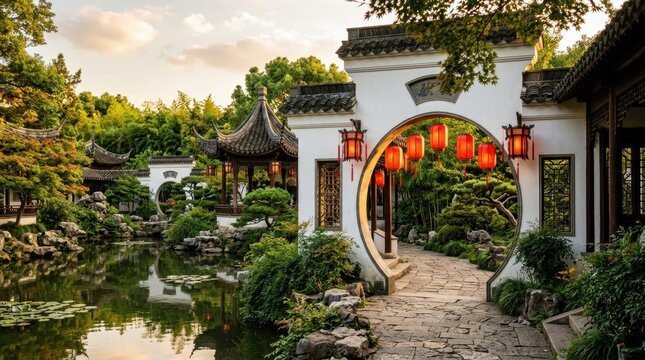 Traditional Chinese garden with moon gate, red lanterns and pond at sunset