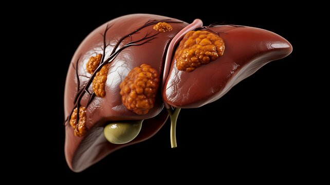 3D Render of Human Liver with Fatty Liver Disease Progression Isolated on Black Background Showing Healthy and Cirrhotic Tissue Anatomy