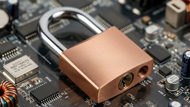 A brushed copper padlock resting on a dark electronic circuit board, featuring metallic components, microchips, and copper wiring in the background