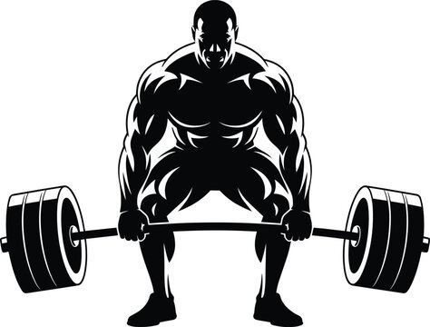 Muscular bodybuilder lifting heavy barbell in a deadlift stance, black and white vector silhouette for gym, fitness, and powerlifting
