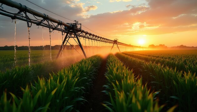 Center pivot irrigation waters a corn field at sunset. Sprinklers spray water on green plants under a warm orange sky. Agricultural farm equipment operates at dusk.