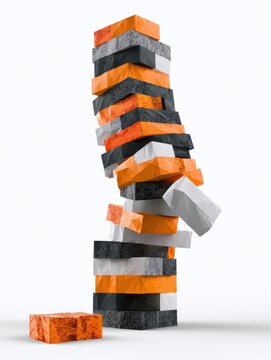Concept of Systemic Risk Shown by a Tower of Colored Blocks Collapsing as the Bottom Block is Removed With Geometric Style and Warm Colors