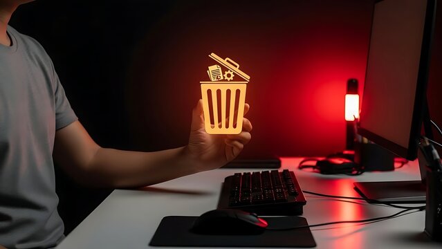 Person holding a glowing orange trash bin above a computer desk with a keyboard, mouse, and monitor in a dark room with red lighting