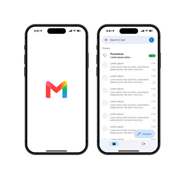 Gmail UI Mockup on iPhone featuring inbox, email list, message view, compose email interface, app splash screen, and isolated envelope icon. Vector editorial mockup.