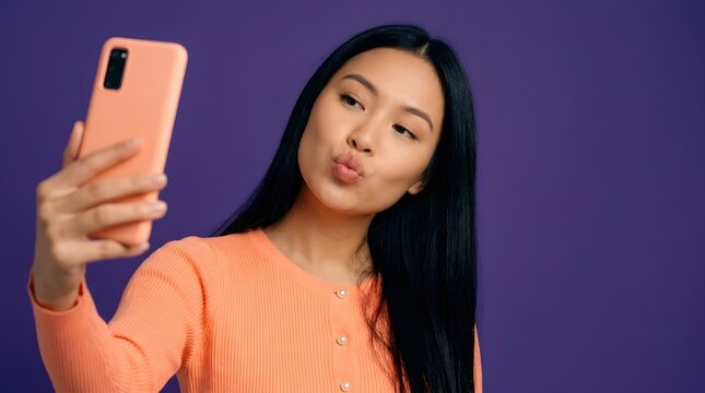 Young asian woman holding a peach smartphone while pouting her lips for a playful selfie against a dark purple background
