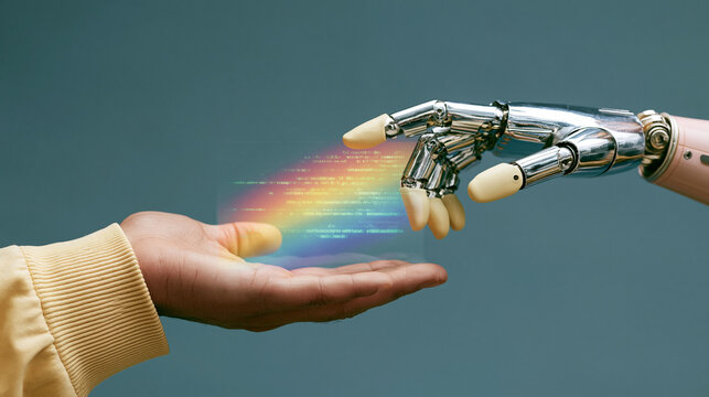 A human hand extending to a robotic hand, with a vibrant data stream flowing between them.