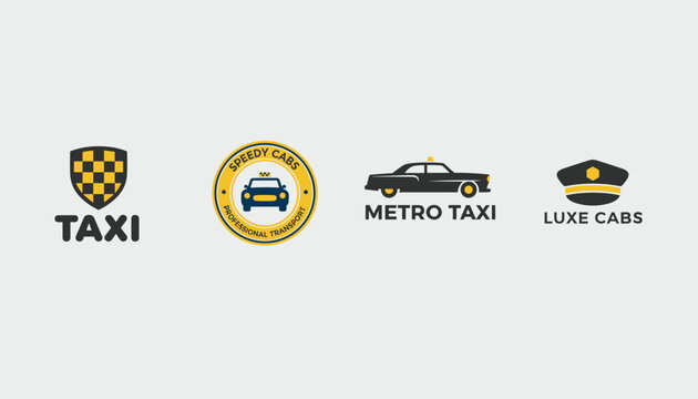 Set of four professional taxi service logo templates including cabs, shield, circle, and chauffeur hat designs.