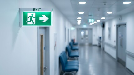 Fototapeta premium Green illuminated exit sign in a modern hospital hallway