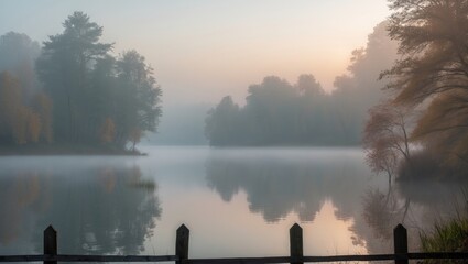Fototapeta na wymiar Photograph of a misty lake during the early morning hours.