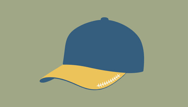 Minimalist graphic illustration of a blue baseball cap with a yellow visor on a plain olive green background.