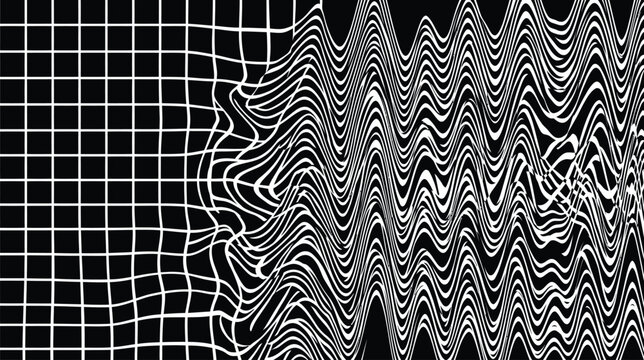 Abstract black and white optical illusion background with grid transitioning into fluid wavy lines