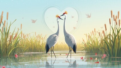 Obraz premium Sweet Valentine s Day illustration of sandhill cranes in a peaceful cattail marsh setting