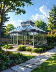 Obraz premium Sunlight streams onto a glass greenhouse amidst lush gardens and trees