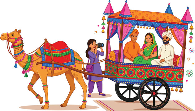 Traditional rajasthani couple riding decorated camel cart with woman taking photo indian culture tourism illustration vector