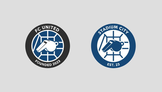 Two round soccer whistle badges representing football club and stadium city sports team logo designs.