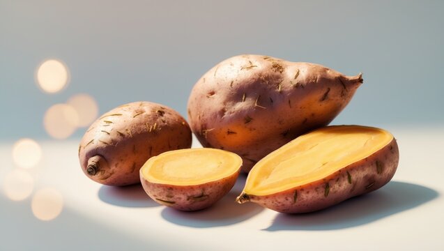 Sweet potato isolated on white background, featuring two whole pieces and one cut-half segment.