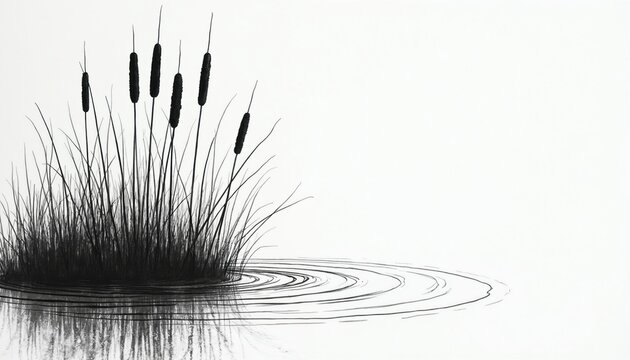 Black ink drawing of cattails on water surface with reflection. Minimalist graphic artwork shows reeds and ripples. Simple nature illustration for calm design.
