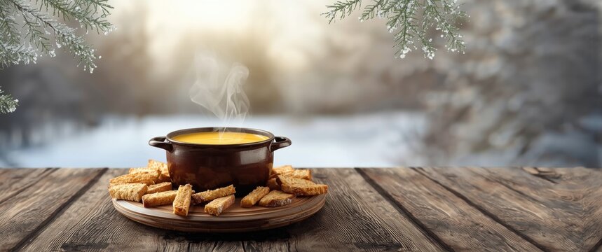 Steaming Fondue Pot Surrounded by Crackers on a Wooden Table in a Winter Landscape