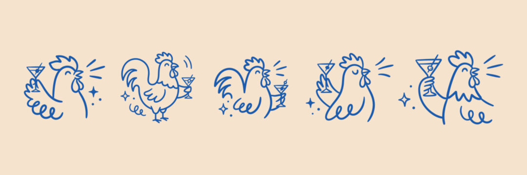 Hand drawn funny rooster holding cocktail glass doodle set. Sketch happy chicken drinking martini party outline vector illustration.