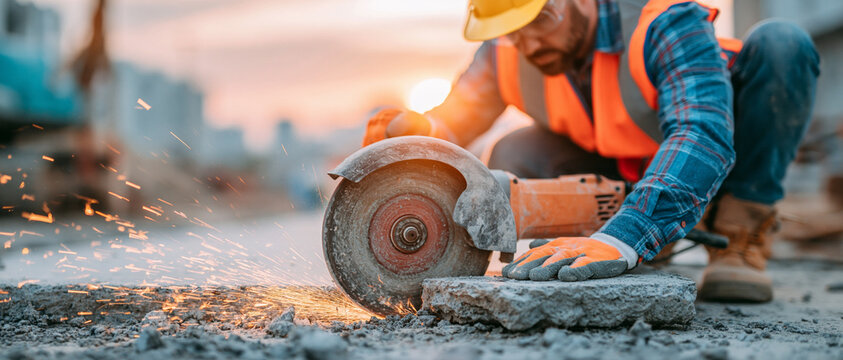 Construction worker using an industrial circular saw to cut concrete slab on building site.