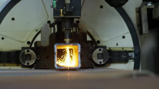 Laser cutting square metal tube inside industrial fabrication machine with bright sparks and glowing interior during precise material shaping in close-up view, with laser, cutting, metal, tube detail