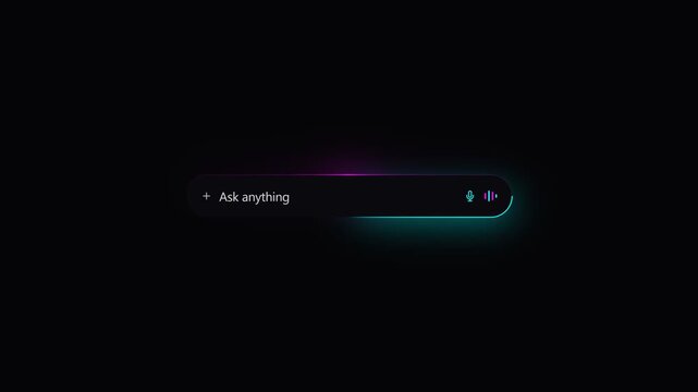 AI chatbot search bar dark mode animation, glowing neon LLM prompt input seamless loop