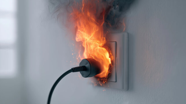 electrical outlet on wall with plug burning and fire.