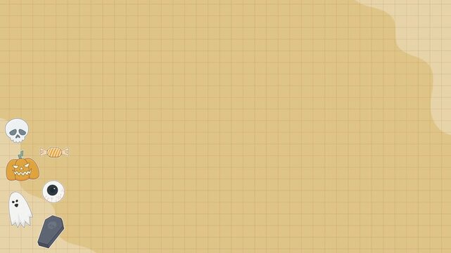 Seamless looping background animation of swaying Halloween corner elements with wide orange cream grid graph notepad paper text copy space. Flat style school theme design concept