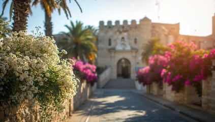 Fototapeta premium Charming Stone Building Surrounded by Colorful Flowers and Palm Trees in Soft Evening Light