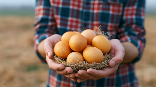 Farmer holding nest full of fresh brown eggs in rural field.