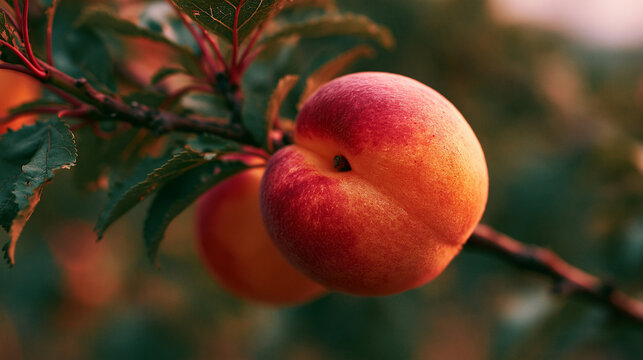 Fresh peach growing on tree branch with blurred natural orchard garden background.