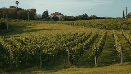 Obraz premium Vineyard rows stretching across a green hillside in sunlight