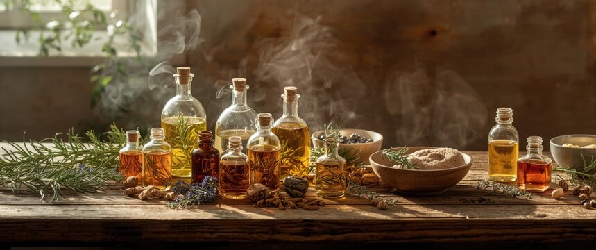 Assorted Glass Bottles of Herbal Oils and Ingredients on a Wooden Table with Smoke and Greenery