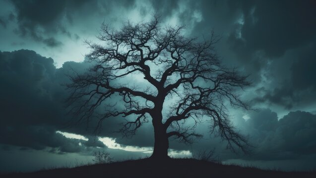 Silhouette of a leafless tree set against a chilly blue night sky.